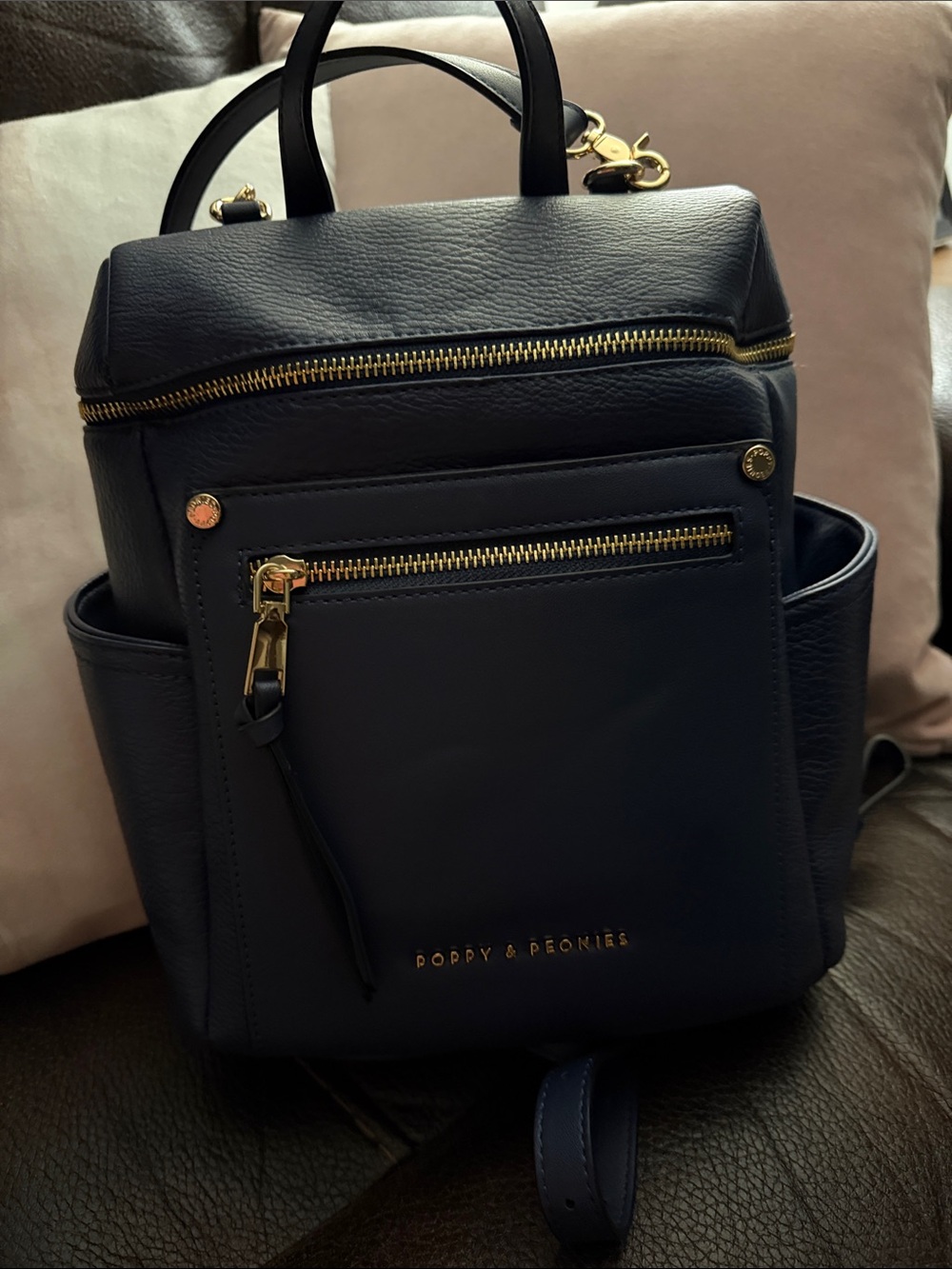 Poppy & Peonies Commuter Mini Navy Faux Leather Mini Backpack with Gold Hardware